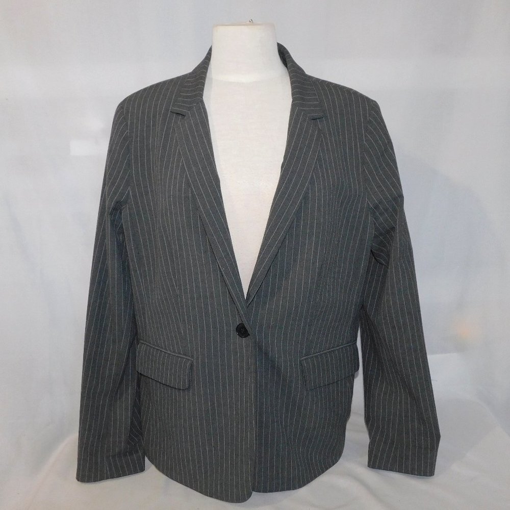 Lands End Gray single button Pinstripe Blazer Jacket Womens 16